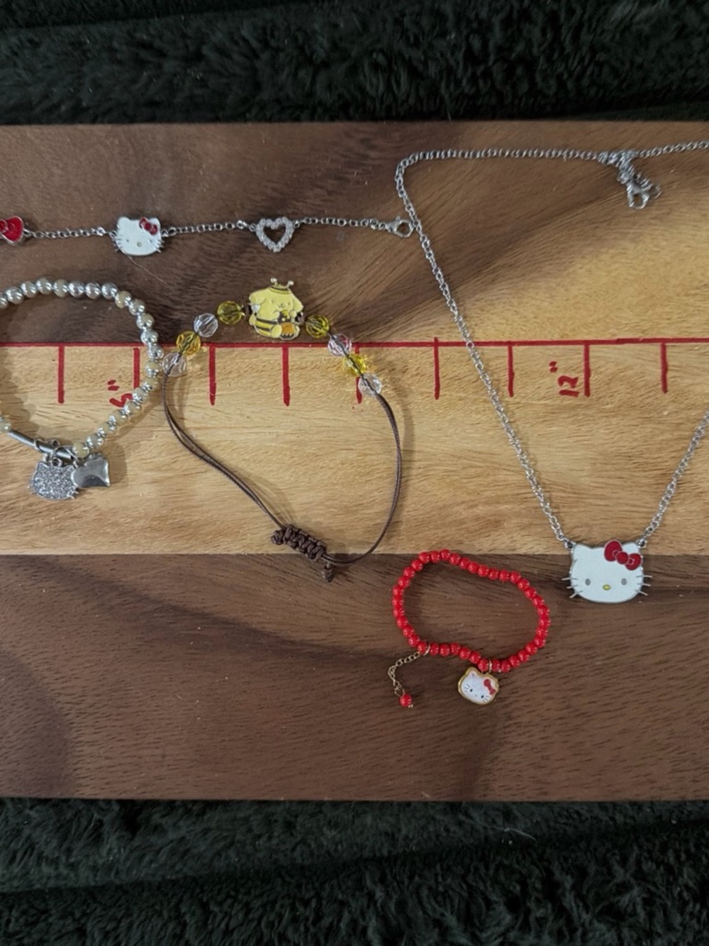 Hello Kitty Red Beaded Bracelet and Silver Charm Necklace Set